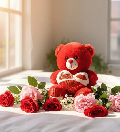 Red Love Teddy Bear with Heart Cushion